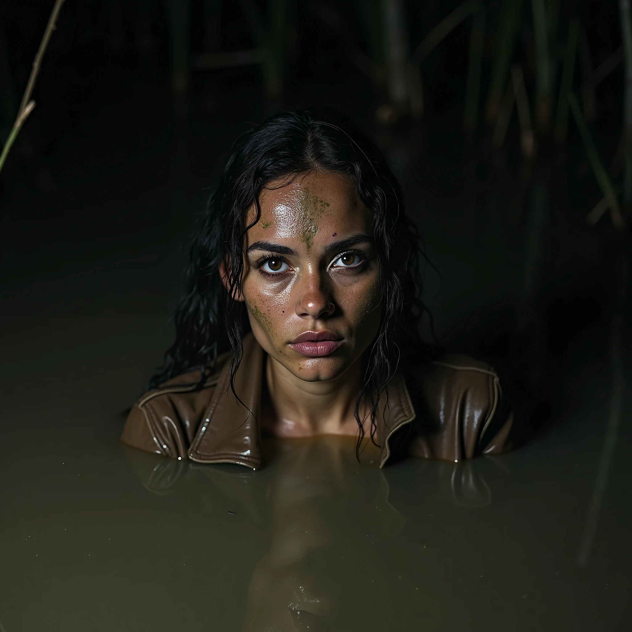 Black Sky, Sinister Night, Woman wrestling in the medium dark, At the bottom of a deep pit, drowning in a swamp. (standingn). Danger. The surrounding rain forest is dense, Sinister and gloomy, Casting strange shadows on the ground. Impending Doom. luna, Hidden behind heavy black clouds,,,,,,,,,,, ( High Stage Lighting). The woman is emaciated, Her muscles cramped. her hair is messy, full body, fully naked and dirty, Stained with mud. She looks like a creature from a horror movie, She found herself trapped in a medium dark and hostile environment with no hope of escape, Loses control from ecstasy