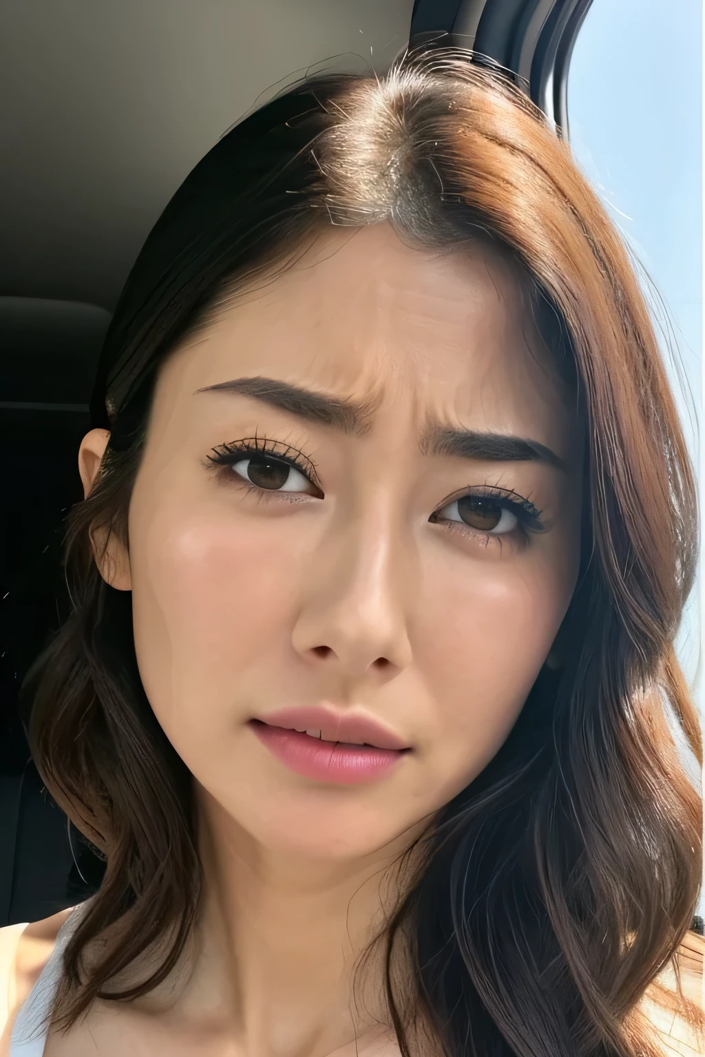 beautiful Japanese actress , 1 girl,Flying debris,, Award Winning Photos, very detailed, eye that sticks out above your tongue , Nose and mouth, face focus, face、 Age 35, review、Symmetrical face, Insulated 、 angle 、 Dilated C-shaped nostrils ,(Sharp Nose)Sweaty skin、 oily skin,(Brow wrinkles))( stick out semen )、(( thin eyebrows on boots)) oily skin 、 Glowing Skin、 double eyelids、、 Beauty 、 medium hair 、 shortcuts、 tank top , I can see the sky 、 Shibuya Center Street 、((( show me your side ,throw))), Raised eyebrows , (((Hold your mouth, Frowning, is crazy, Frowning))), Textured Skin,Long upper arms,(( open eyes and cry, , drunk, The face of durability))squats, big breasted ,(( always raise your arms to show both sides))((Long arms,Frowningをする,Smelling , Irritated , sad, I'm sleepy I saw , Frowning, The face of endurance))