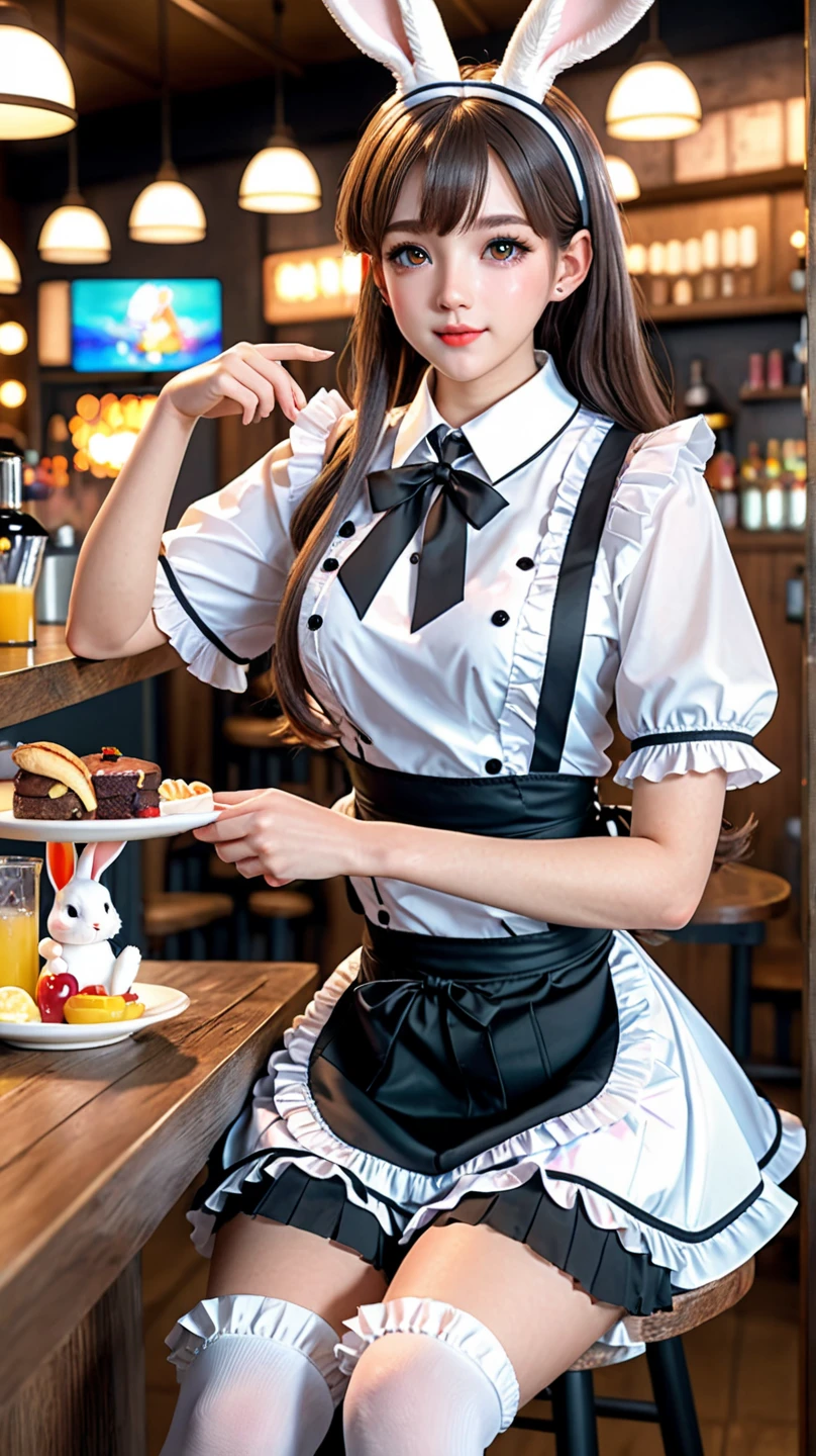 (((one maid)))Lace headband,long hair bun,Maid overalls,Rainbow Silk Bow Tie,Short sleeves with tight cuffs,apron,Short skirt,Thigh exposed 20cm,Black high-tops over the knee,leather shoes,Facial expression puzzled