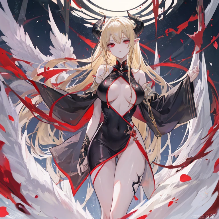 tattoo、Spread legal circle in the shape of a red eye)))、female organ、pubic hair、naked、Beautiful Girl Magician、blonde twintails、((whole body))、(((photo taken from below)))、darkness