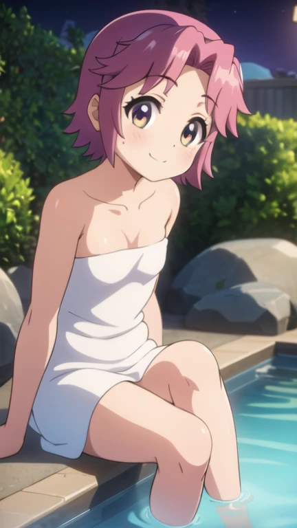  1girl, solo, sonrisa, pink hair, short hair, onsen, night, bathing, naked towel, crossing legs, sitting, 