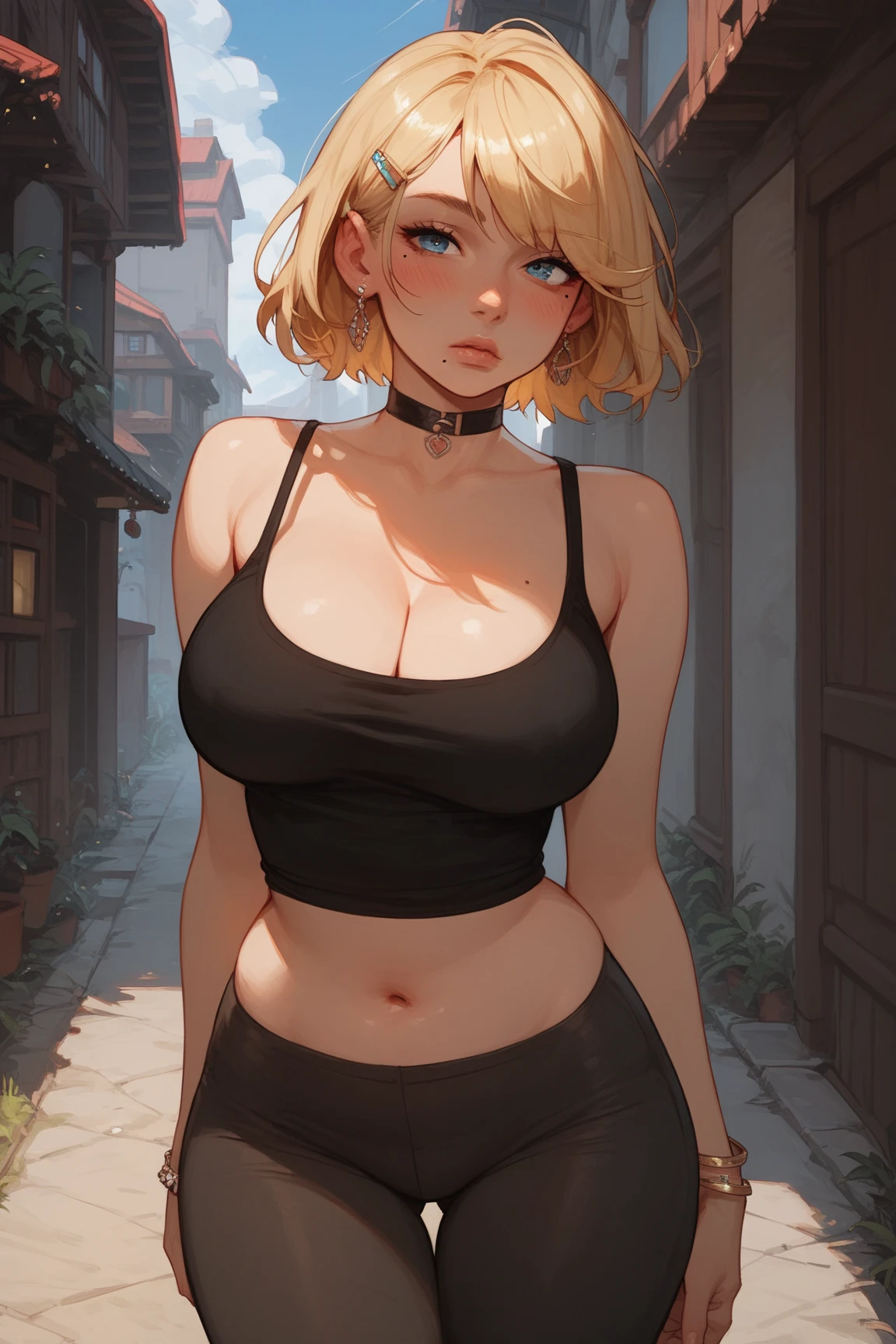 1girl, large_breasts, blonde_hair, solo, blue_eyes, short_hair, jewelry, bracelet, hairclip, cleavage, hair_ornament, choker, navel, leggings, tight_leggings, day, looking_at_viewer, large_breasts, mole, blush, tank_top, bare_shoulders, midriff, earrings, spandex, bangs, outdoors, thigh_gap, blue_pants, wide_hips, blush