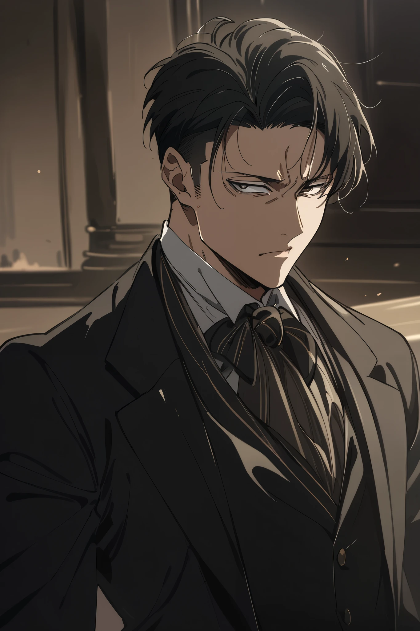 
Levi Ackermam in a dapper black suit looking handsome and charismatic and badass with a sexy expression .Masterpiece, Best Quality, Award Winning, UHD, Anime, Anime Style, Anatomically Correct, High Details, High Quality, Super Detailed, 