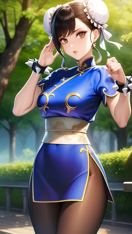 (masterpiece, best quality, high resolution), (illustration:1.0), extremely detailed face, perfect lighting, (perfect hands,perfect anatomy), (1girl, solo:1.5), glowing skin and perfect symmetrical pretty face ,cowboy shot,  chunlims,  hair bun, double bun, chinese clothes, solo, dress, bracelet, ribbon, pants, blue pants, makeup,  short sleeves, wide hips, thick thighs, thigh gap