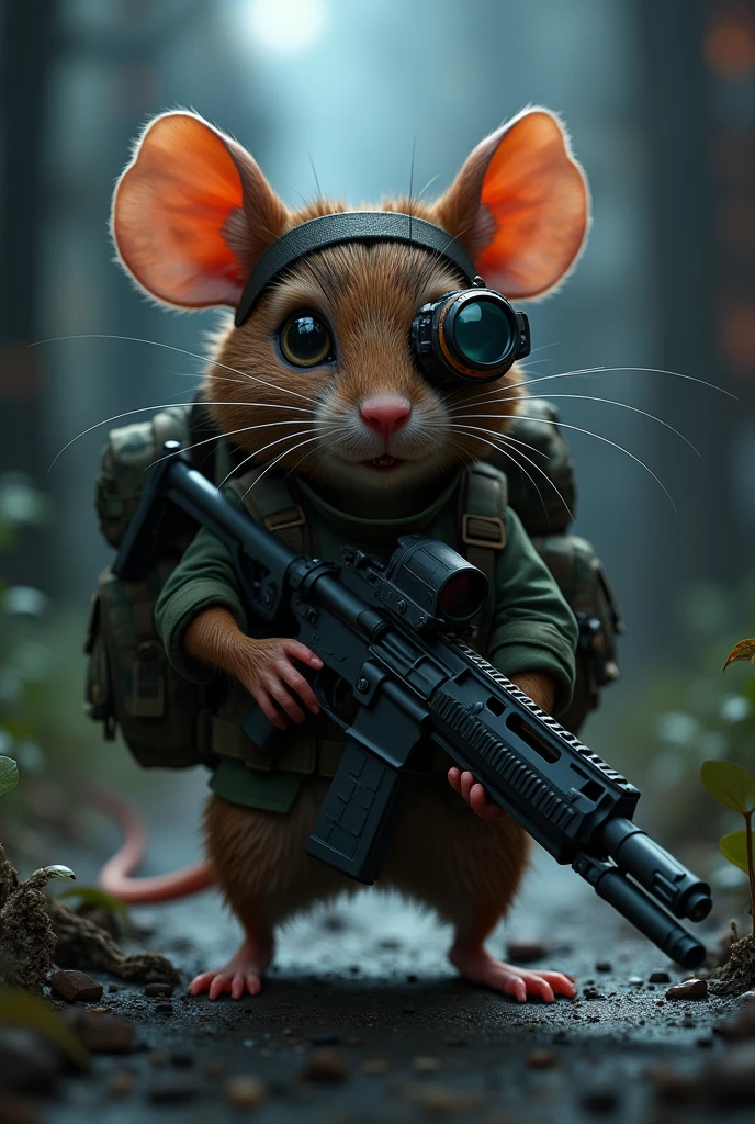 GENERATE A MOUSE WITH A WAR BACKPACK AND A RIFLE AND A NIGHT VISION ...