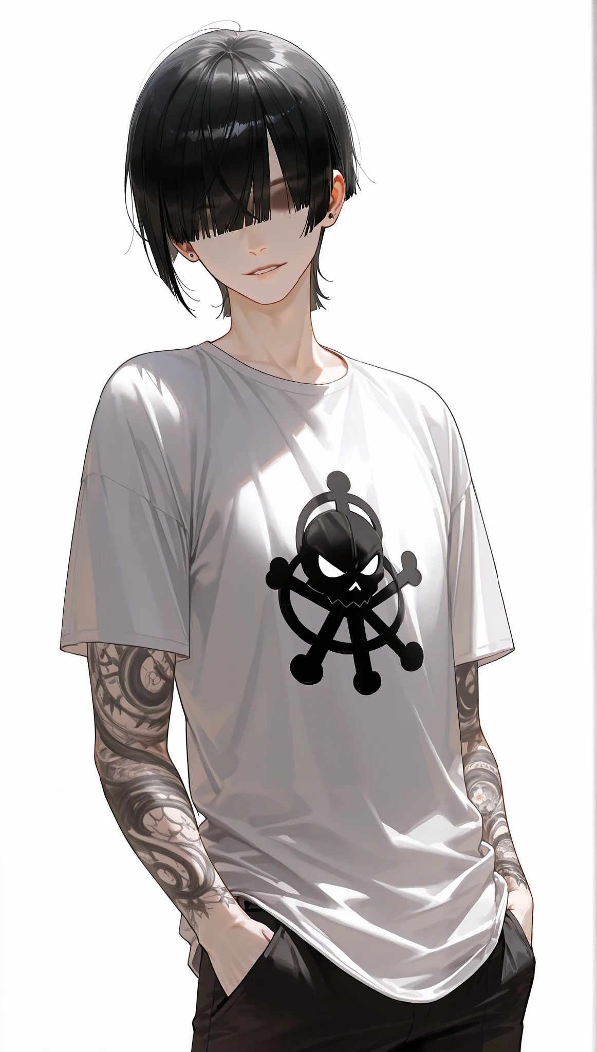 (걸작, 고해상도, 2k 해상도, 매우 상세한, best_quality, finely_detailed_beuatiful_eyes_and_detailed_face), 정면, (1 남자, 완벽한 얼굴), (black_short_cut), long_length_bangs, white_t-shirt, jean, front_view, standing, white_background, (front_view, cowboy_shot), ((alone)), 어두운 조명 , tall, adult, mature, (masculine), hands_in_pockets, (eyeless):1, tattooed_arms