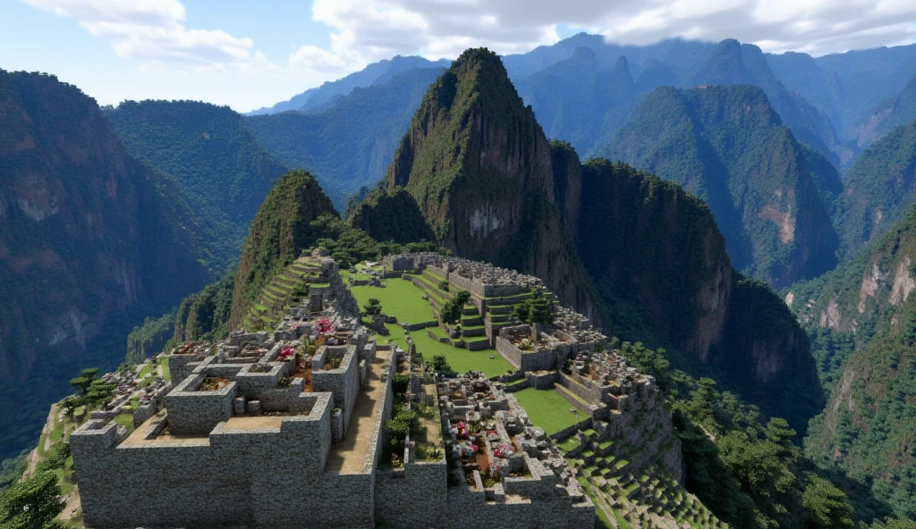 MINECRAFT TOP VIEW OF CUZCO MACHU PICHU WITH REALISTIC BLUE CHERRY BIOME FROM MINECRAFT