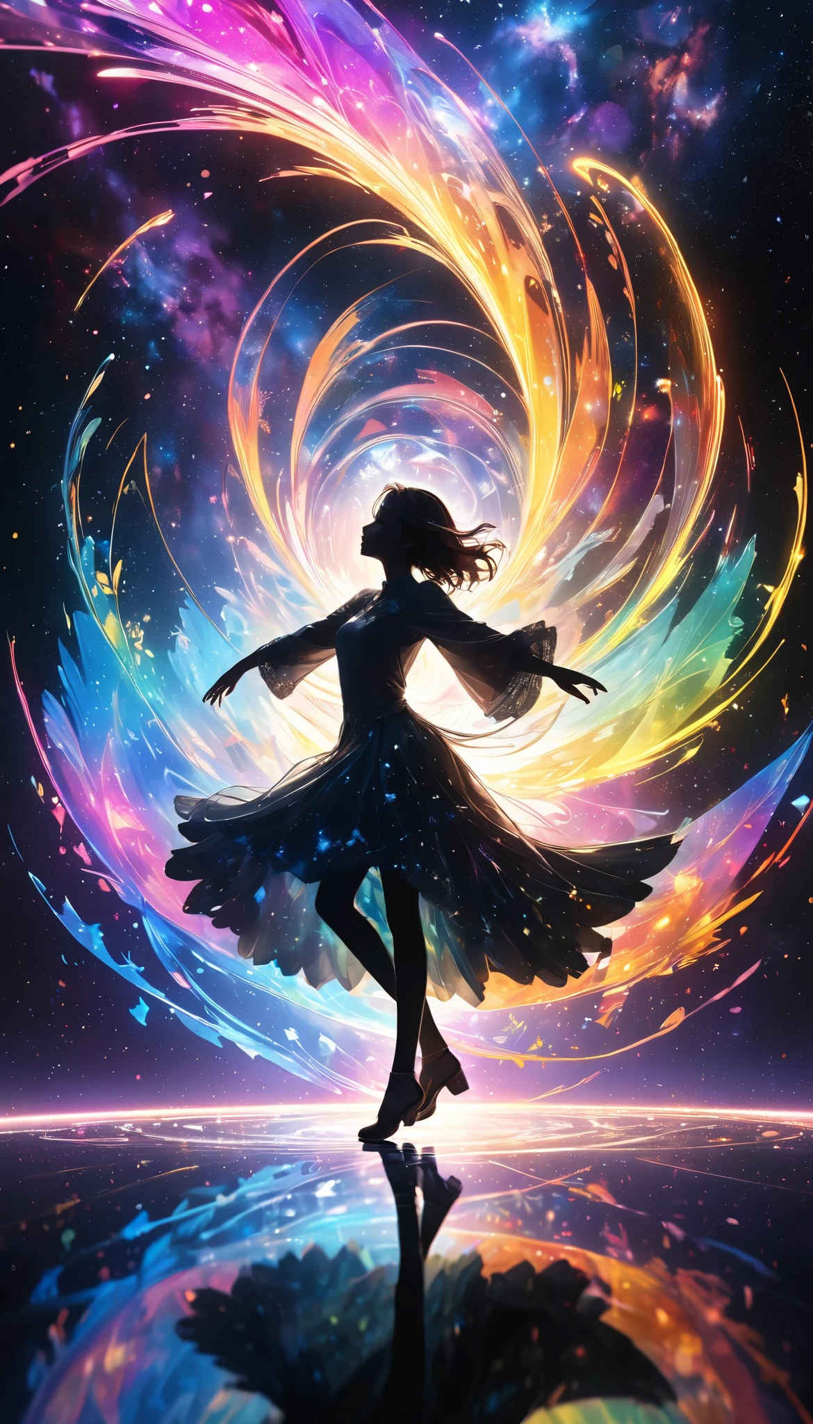 An angel is standing on top of a horizontally drawn pentagonal star, Alone, Three-dimensional bird's perspective , everything is drawn in silhouettes , GLOW LIGHT illumination like backlight , Galaxy Expression Live Background, Phantasmal iridescent water mixing, five-pointed star reflected by vivid vibes , and, the angel is dancing dynamic posing, dance motion blur, focus on the center,