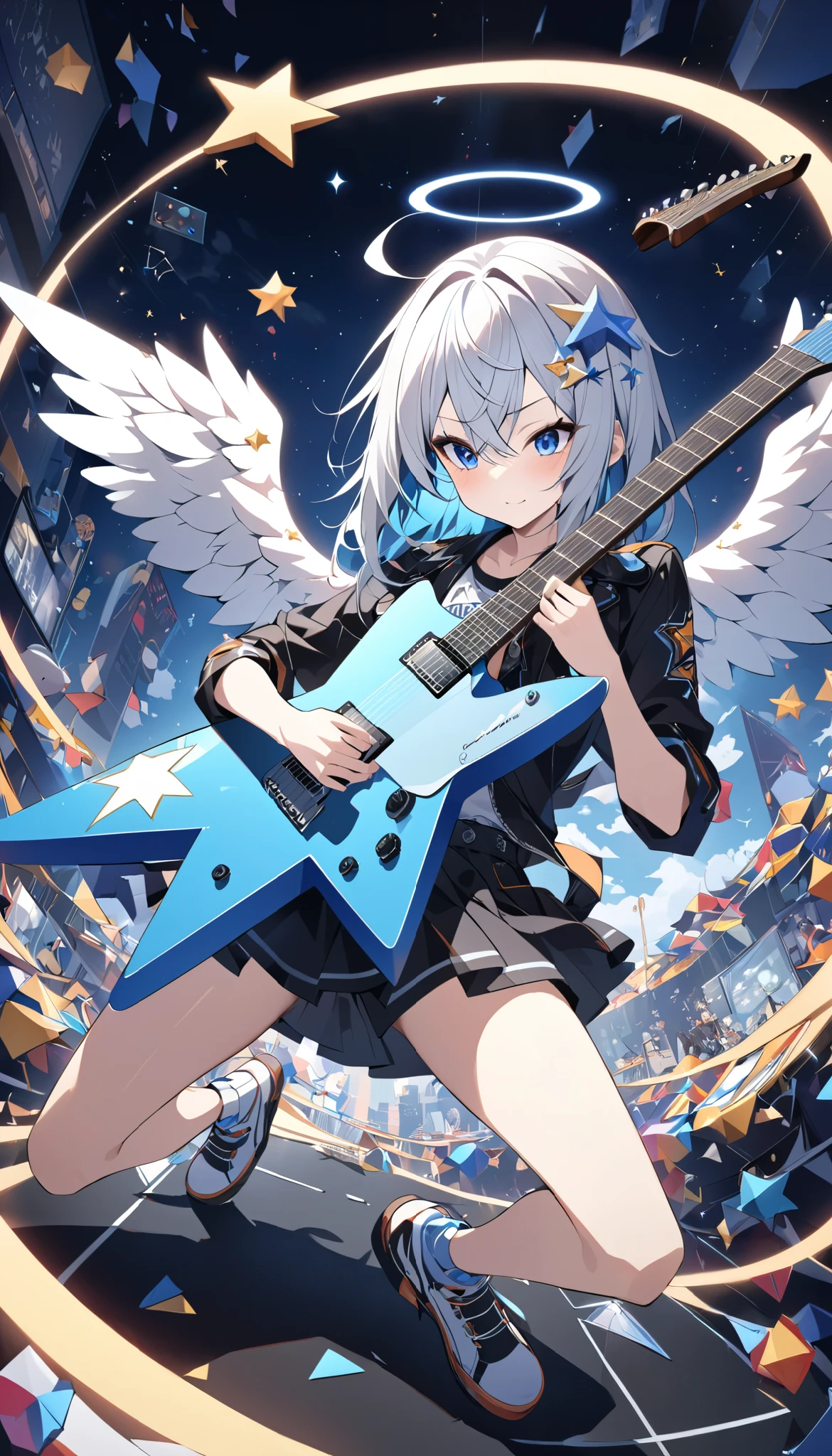 over a guitar , There is an angel on a pentagonal star-shaped guitar, Alone, Three-dimensional bird's perspective , \Straddle a guitar , overly absurd detailed composition , control the guitar , pilot a guitar with both legs ,
