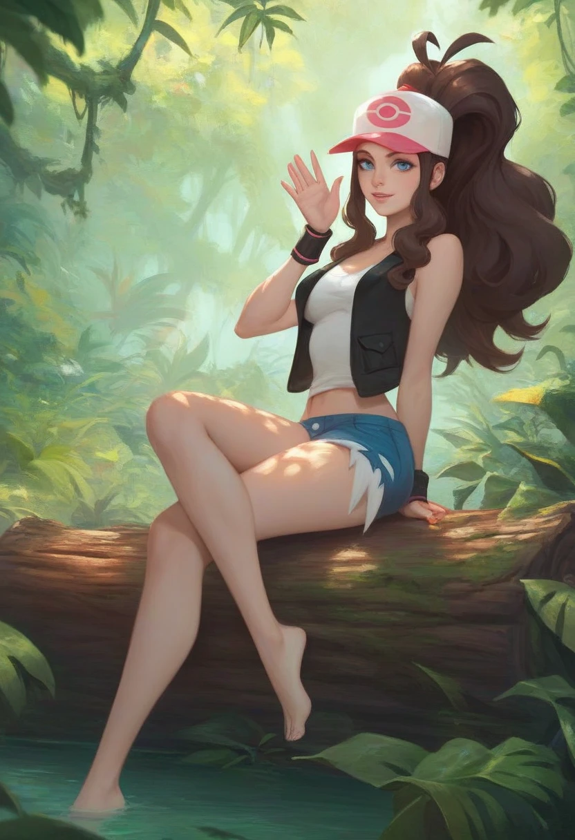 1girl,pokemonhilda, pokemonhilda, blue eyes, brown hair, long hair, ponytail,
waving, looking at viewer, outdoors, jungle, warm sunlight, sitting, log, bare feet,
very awa, light skin
masterpiece, best quality, newest, highres, absurdres