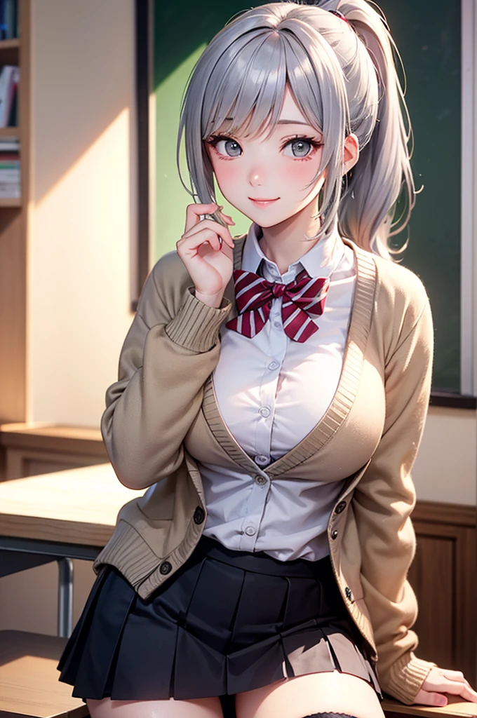 (masterpiece:1.3, Highest quality, Ultra-high resolution, Super detailed), (Realistic, photoRealistic:1.4), Beautiful illustrations, Perfect lighting, Natural light, Depth of written boundary, , Beautiful detailed hair, Beautifully detailed face, Beautiful attention to detail, Beautiful clavicle, Beautiful body, Beautiful breasts, Beautiful thighs, Beautiful feet, Beautiful Hands, View your viewers, (Face Focus), 1 Girl, high school girl, Alisa Kujou, (Perfect Anatomy, Anatomically correct), Cute and symmetrical face, Baby Face, Perfect Face, Perfect Eyes, Shiny skin, (Long Hair, Straight hair, Sideburns, Silver Hair), Crossed bangs, Ahoge, blue eyes, Slanted Eyes, Long eyelashes, (Medium chest, Captivating thighs), thin, Excellent style, (school uniform, Long sleeve light brown blazer, Grey vest, Grey pleated skirt with white lines, White collared shirt, White thigh-high socks with gold lines), Red bow tie, (Beautiful views), evening, (School classroom:1.2), (Cute smile, Part your lips),
