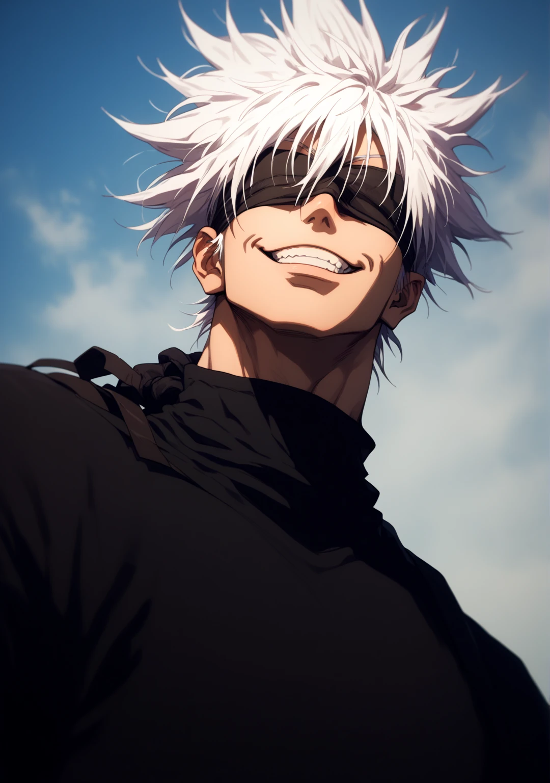 score_9, score_8_up, score_7_up, score_6_up, score_5_up, 1man, solo, gojou satoru, white hair, short hair, spiked hair, blindfold, hair between eyes, big chest, malicious smile, male focus, muscular male, black pants, ((black shirt)), half body, facing the viewer, from below.