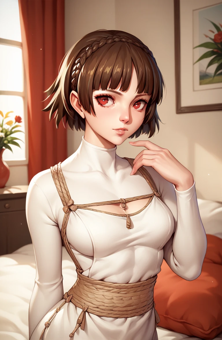 ,((masterpiece)),((Beautiful and detailed drawing)),Persona 5, 1girl, solo,Makoto Niijima,Short brown hair,Red eye, most of body, pose, bedroom, panda clothes