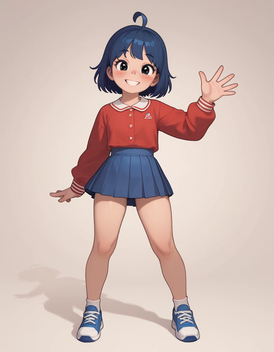 (TinyMita), (dark blue hair), small, short, (loli), cute smile, blushing, (black eyes),, 1, ahoge, 1girl,  red blouse open in the middle, long sleeves, blue pleated skirt, masterpiece, best quality, 8k, high resolution, aesthetically pleasing NSFW, full body, looking at viewer, standing, legs spread, waving, waving arms, looking at viewer, white background, simple background, highly rendered, body (finished:1.3), looking at viewer, exposed,, pelvic,ass visible through thighs