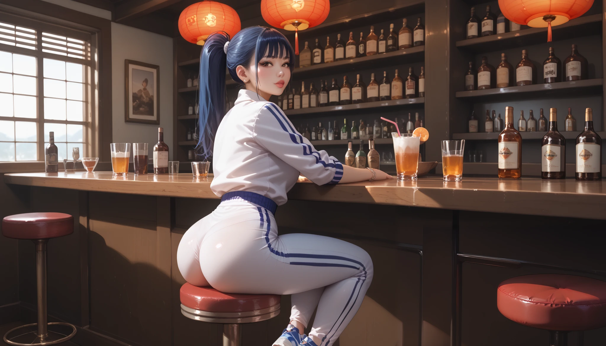 NSFW, erotica, sitting on a chair, perfect body , sitting on a chair at the bar, girl, dating scene with a petite girl, Asian , она talks с другом, smiles, talks, 20 year old adult, waist-deep , in a sexy tracksuit, in sneakers , at the bar, dark blue hair , Ponytail hairstyle , dark eyes, sexy, girl, sitting on a chair