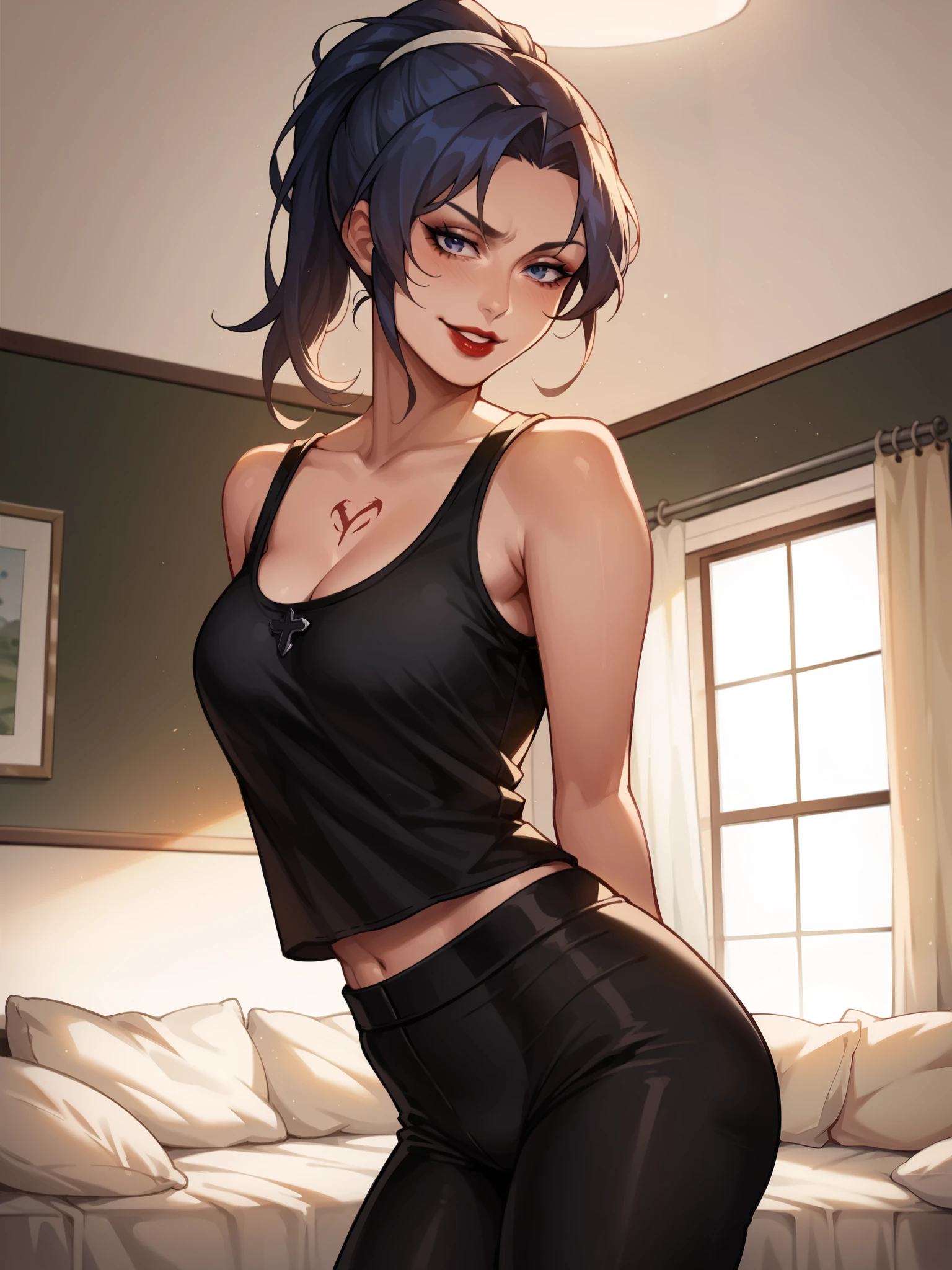 Girls, smile, red lips, fair skin, long hair, blue hair colors, big boobs, big breats, big ass, big butt, sexy body, thic, thic body, crop tank top, black crop tank top colors, leggings, black leggings colors, beauty girls, sexy pose, in bedroom background, gaze looking at the camera, score_9, score_8_up, score_7_up, score_6_up, score_5_up, score_4_up, BREAK source_anime,  Esdeath, from behind, looking back