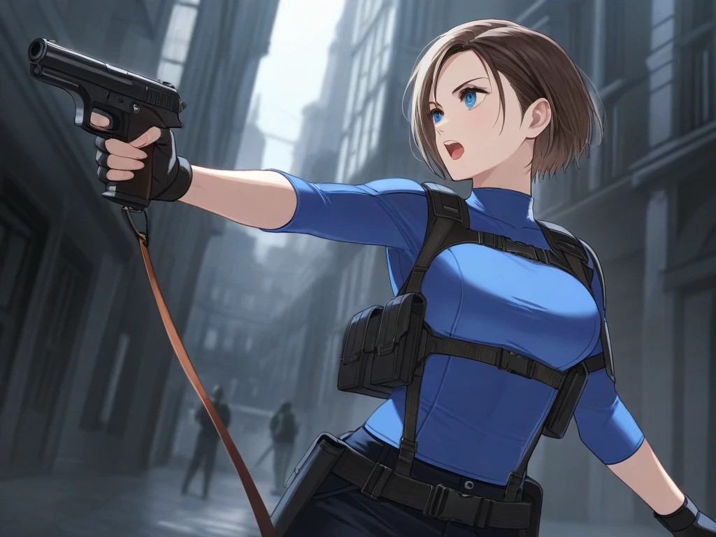 a cartoon picture of a woman in a blue bodysuit holding a gun, glamorous jill valentine, thicc, female protagonist 👀 :8, video game fanart, yayoi kasuma, by Okada Beisanjin, perfectly shaded body, makoto shinka, high quality fanart, cel - shaded art style, oppai, cute sexy girl wearing tank suit, anatomically correct, super detail, high quality, 4K