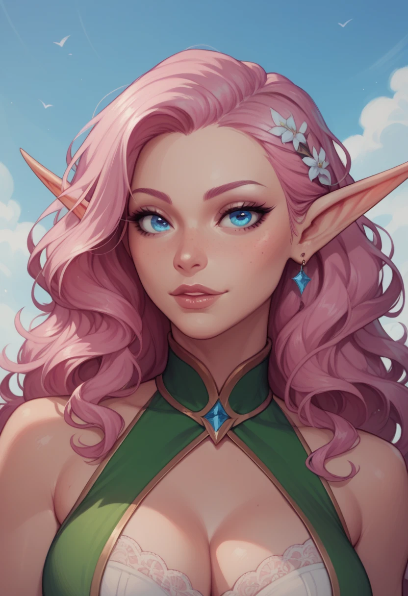 Watercolour, 1980s anime, latina, milf, female elf, mature face, pink hair eyeliner, 
