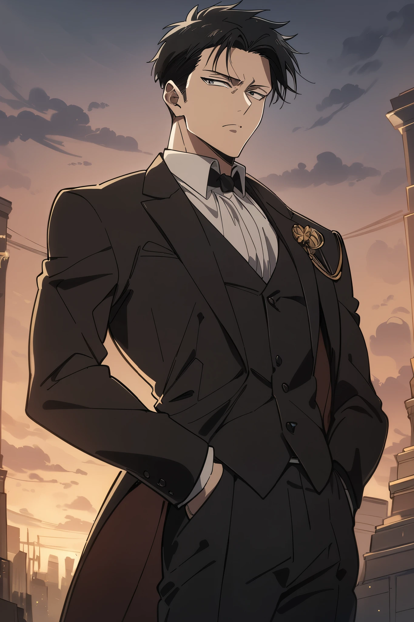 
Levi Ackermam in a dapper black suit looking handsome and charismatic and badass with a sexy expression .Masterpiece, Best Quality, Award Winning, UHD, Anime, Anime Style, Anatomically Correct, High Details, High Quality, Super Detailed, 