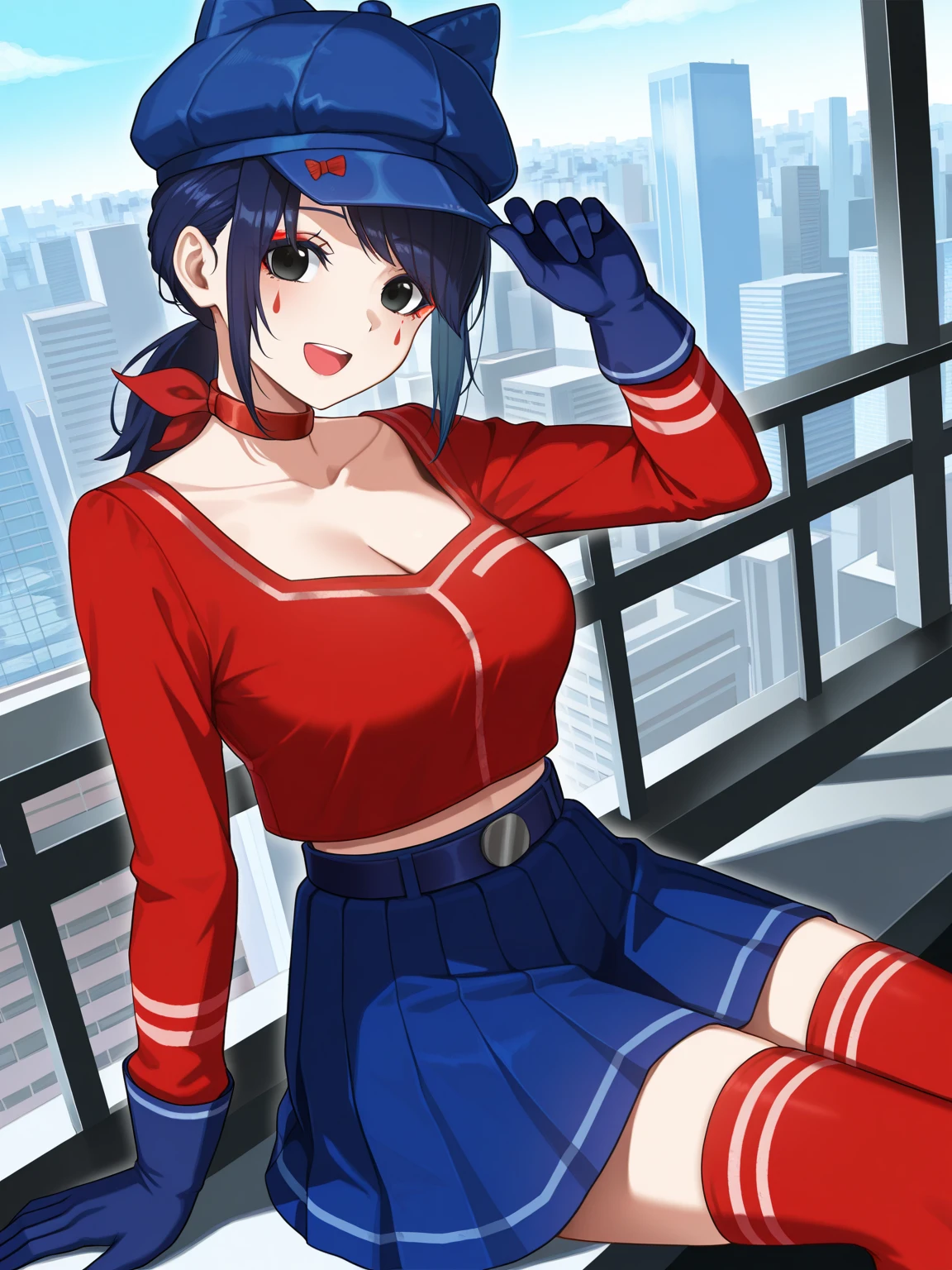 Cool Mita,solo,black eyes,blue hair,blue shoes,blue skirt,blue hat,side bangs,pleated skirt,blue gloves,red thighhighs,red sweater,low ponytail,long sleeves,cat hat,facial mark,red choker,animal hat,
collarbone,sitting,side bangs,blue gloves,red thighhighs,smile,upper teeth only, cleavage, big chest, city background, 