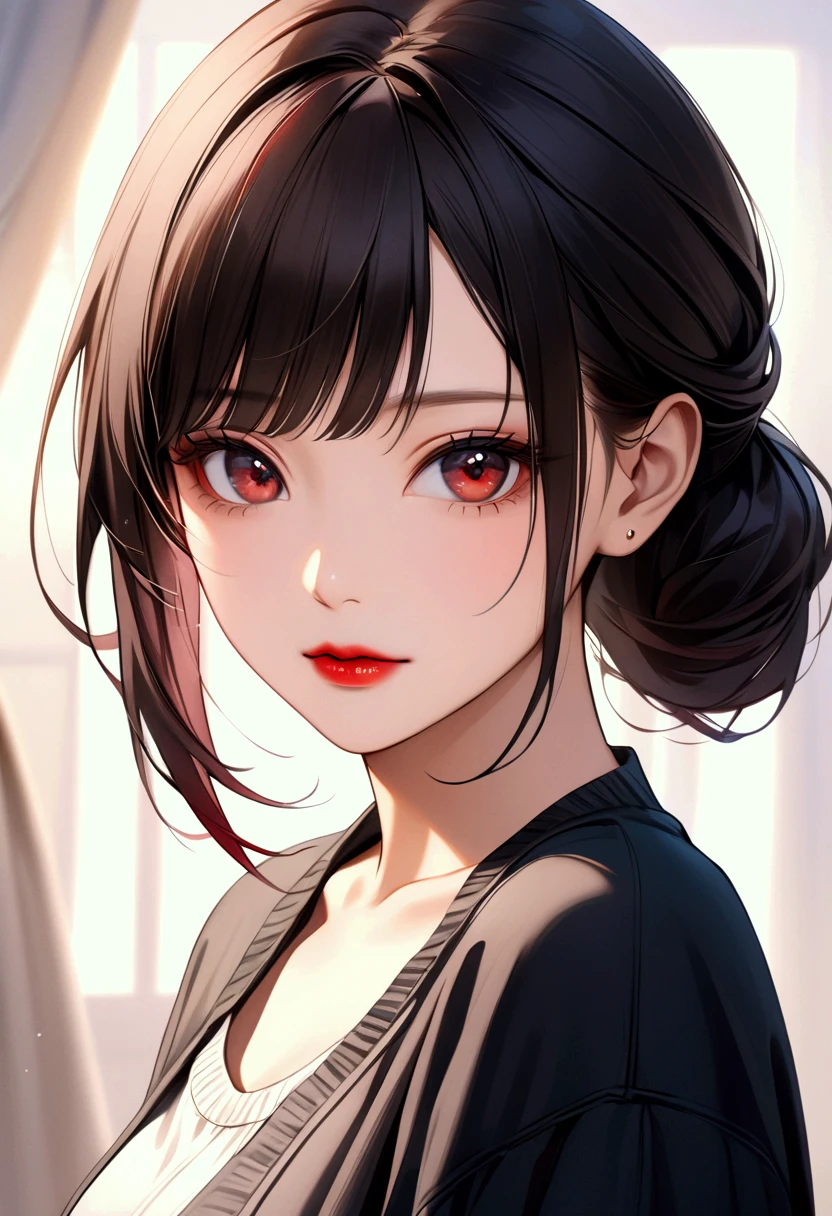 1girl, solo,red theme,looking at viewer,large breasts,portrait,from side,bad-girl,((mature female))