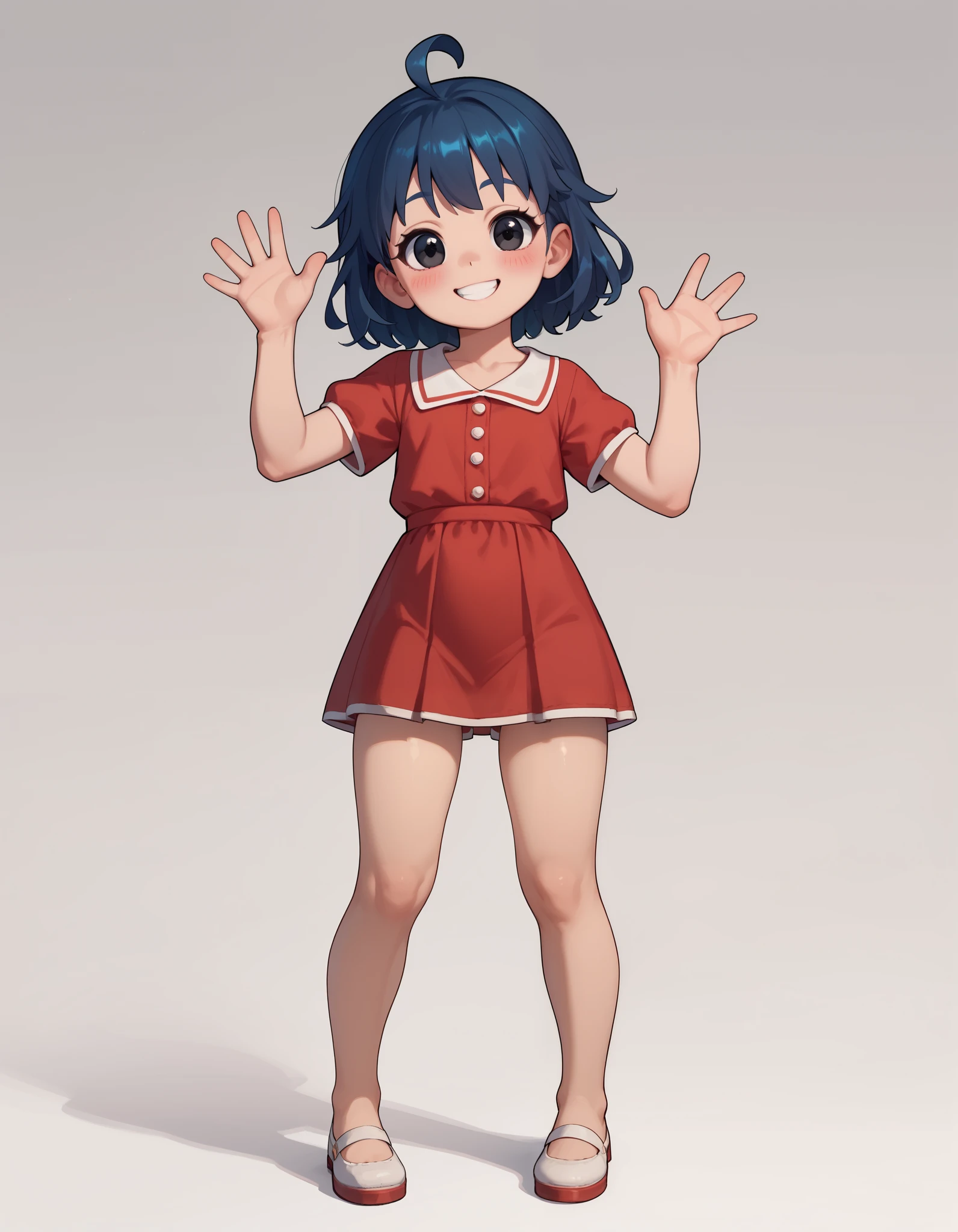 (TinyMita), (dark blue hair), small, short, (loli), cute smile, blushing, (black eyes),, 1, ahoge, 1girl,  Red dress with blue and white details , masterpiece, best quality, 8k, high resolution, aesthetically pleasing, full body, looking at viewer, standing, legs spread, waving, waving arms, looking at viewer, white background, simple background, highly rendered, body (finished:1.3), looking at viewer, exposed,, pelvic,ass visible through thighs