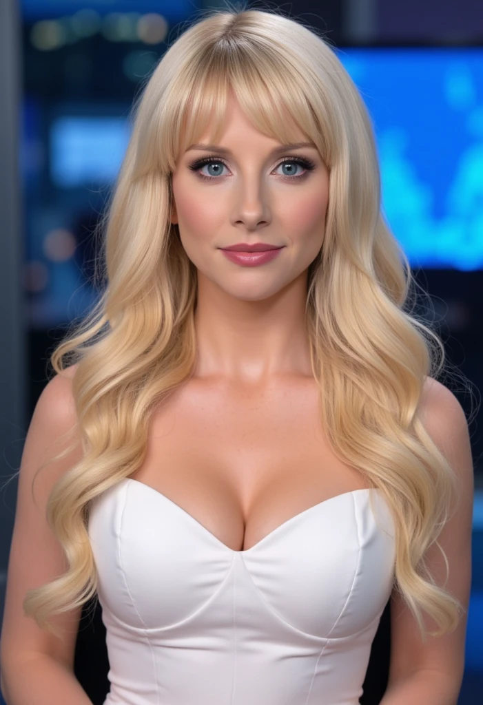 age 25, blue eyes,( Masterpiece, 4k resolution, ultra-realistic, very detailed) light platinum blonde hair, long blonde hair, curvy body, wide hips, blue eyes,  red lips, large round fake breasts, white sexy doll outfit,, revealing cleavage, crossed, sitting behind her news desk, news anchor for Fox news, large round fake breasts, pale white skin