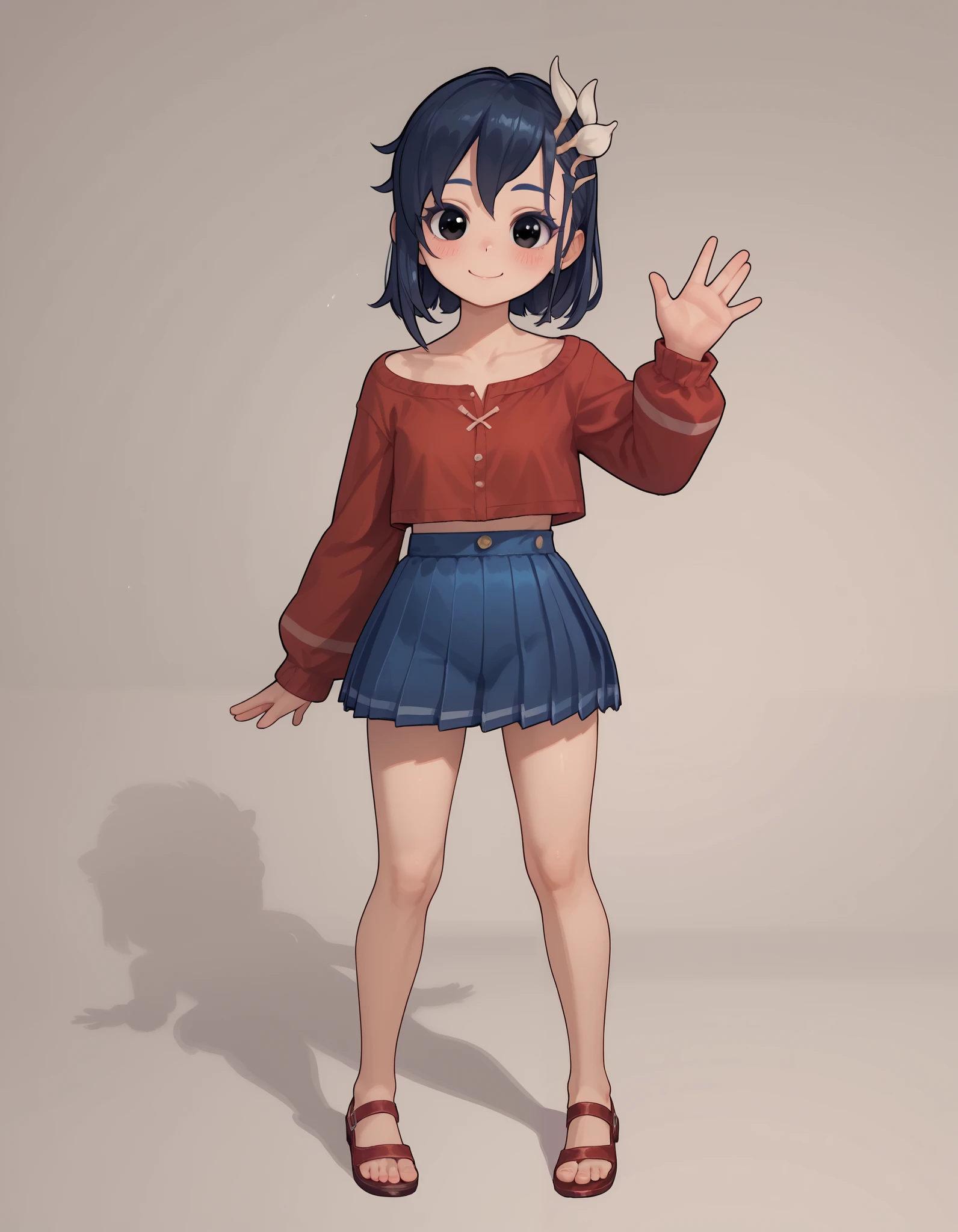 (TinyMita), (dark blue hair), small, short, (li), cute smile, blushing, (black eyes), 1girl,  red blouse open in the middle, long sleeves, nude upper body, topless, blue pleated skirt, masterpiece, best quality, 8k, high resolution, aesthetically pleasing, full body, looking at viewer, standing, legs spread, waving, waving arms, looking at viewer, white background, simple background, highly rendered, body (finished:1.3), looking at viewer, 