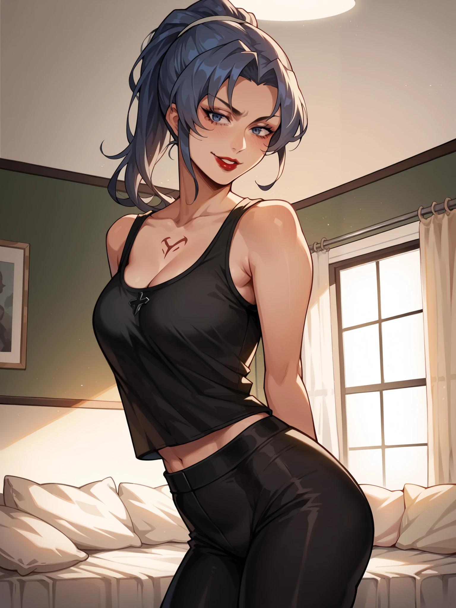 Girls, smile, red lips, fair skin, long hair, blue hair colors, big boobs, big breats, big ass, big butt, sexy body, thic, thic body, crop tank top, black crop tank top colors, leggings, black leggings colors, beauty girls, sexy pose, in bedroom background, gaze looking at the camera, score_9, score_8_up, score_7_up, score_6_up, score_5_up, score_4_up, BREAK source_anime, Esdeath, from behind, looking back