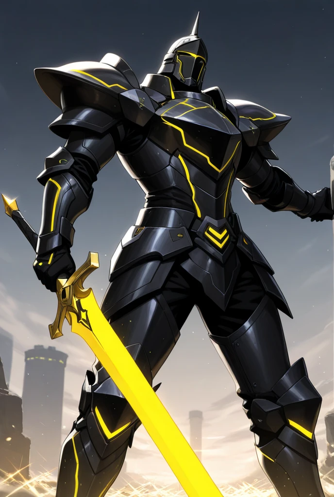 Black armor and sword with yellow glitter