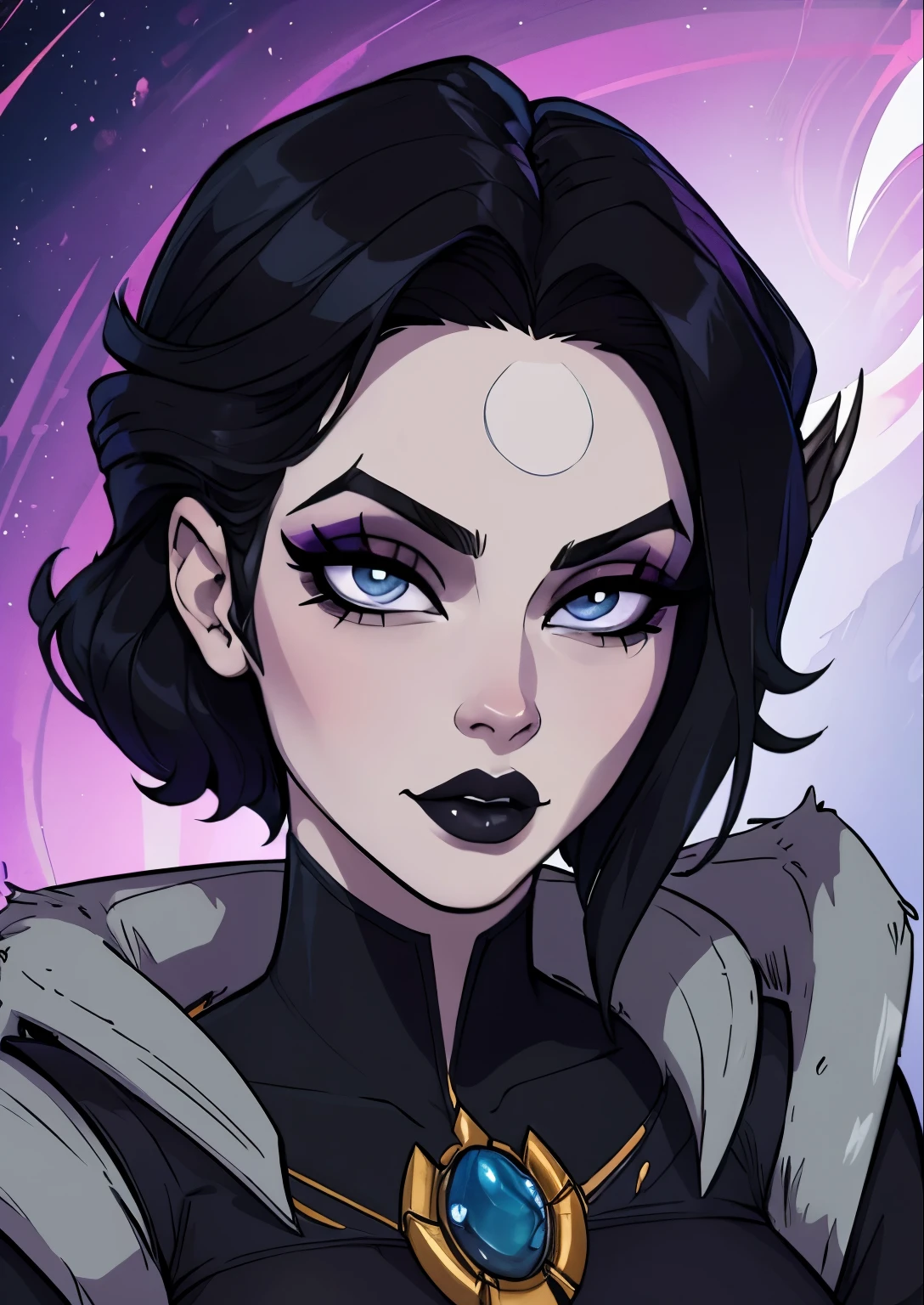masterpiece, best quality, 1female, beautiful, face portrait, deep makeup, 1girl, face focus, black hair, goth, diana \(league of legends\), deep eyeshadow, makeup, lipstick, pale skin, gray eyes, nyantcha