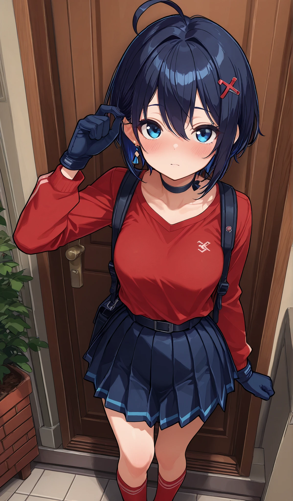 score_9, score_8_up , score_7_up , score_6_up , very perfect, 1, score_9, score_8_up , score_7_up (8k,),(TinyMita), (dark blue hair) eyes), gloves red shirt, blue pleated skirt, red socks, blue eyes, masterpiece, masterpiece, 8k, high resolution,