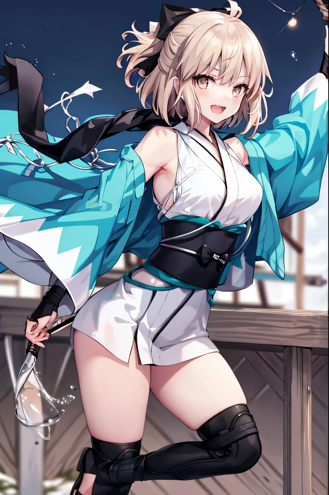 {{beautiful}}, amazing, (best quality:1.5), (masterpiece:1.5), extremely delicate and beautiful, intricate details, finely detailed, extremely detailed, beautifully detailed, ultra-detailed, (hyperdetailed:1.5), high resolution, (illustration), watercolor pencil, Clear line drawing, (ufotable style:1.1), 1girl, okita_souji \(fate\), smile,open_mouth, swimsuit, white bikini, side-tie bikini_bottom, armpits,  wristband,  large_breasts, beach_background, blonde_ponytail,apart_legs,,happy,solo,XD,arms,knees,sandals,medium_thighs,hold_katana,katana,elbows,running,