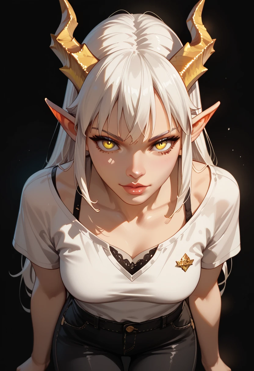 1girl,solo,tanned skin,angry eyes,black and golden short dress,medium tits,white hair,long hair,elves ears,black horns,Detailed,red eyes,black background(((close-up,portrait))),hd,masterpiece,8k