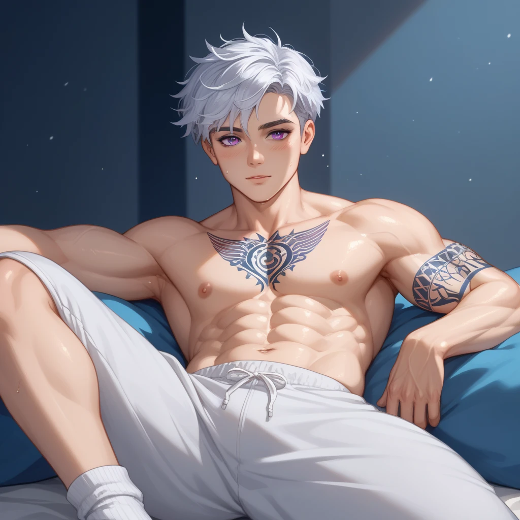 (tobra de arte, high resolution, ultra-detalhado:1.0), (Macho 28 anos), eyes looking at the camera, Corpo masculino perfeito, arm tattoo, extremamente detalhado, corpo inteiro detalhado, melhor qualidade, cinematic lighting, dark lighting, quarto gamer obra de arte, 1 cara, cabelo branco, Cabelo curto, lindos olhos escuro, expression of a perverted good boy, shirtless gentle smile staring at the viewer with a condom in his mouth sexy japanese
