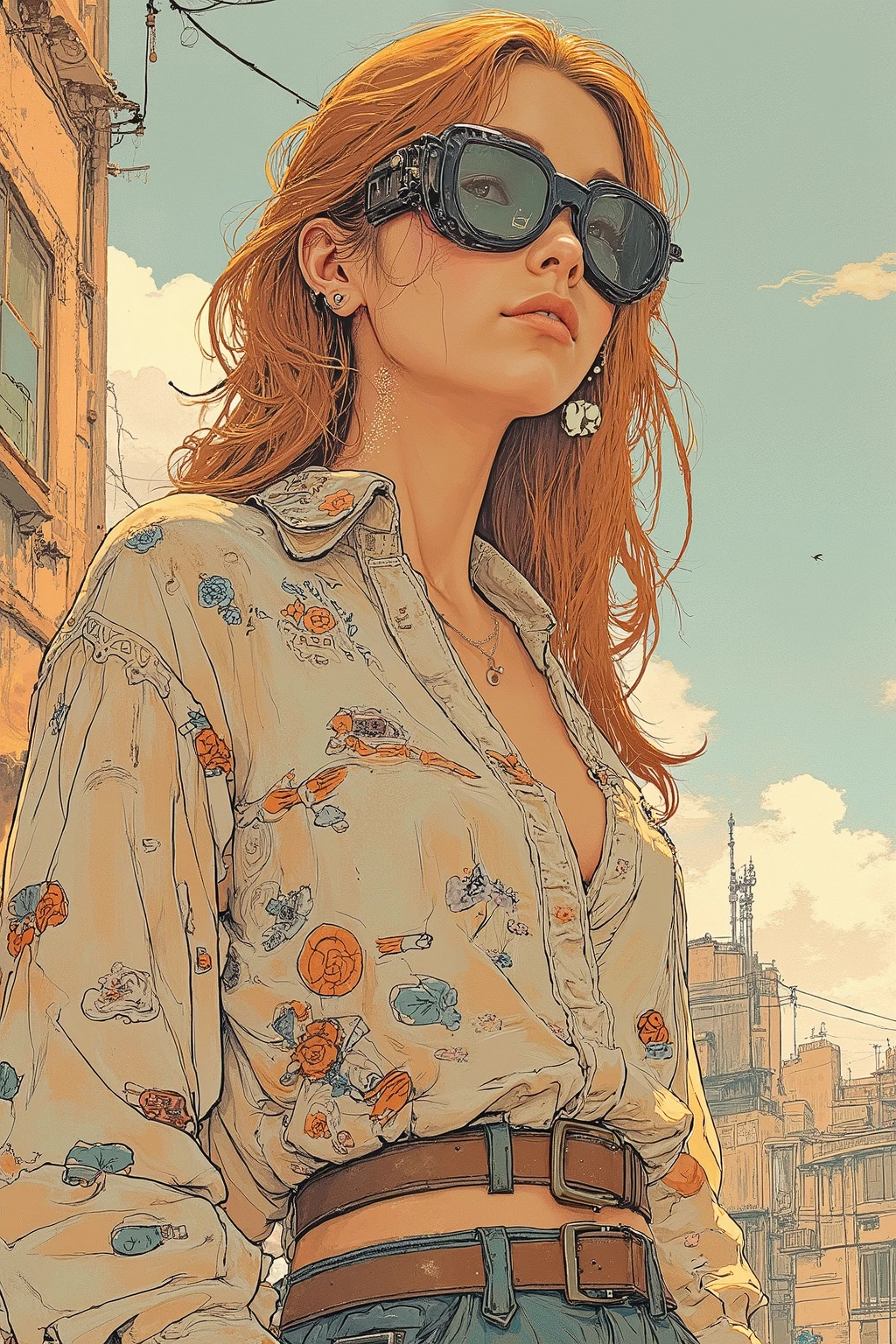 A full-page scan of an old fashion magazine featuring A beautiful traditional Arabic woman wearing an alternative outfit. Full portrait. Anime art by Yutaka Minowa, Yoshiaki Kawajiri. 1989 in the style of 1960s fashion