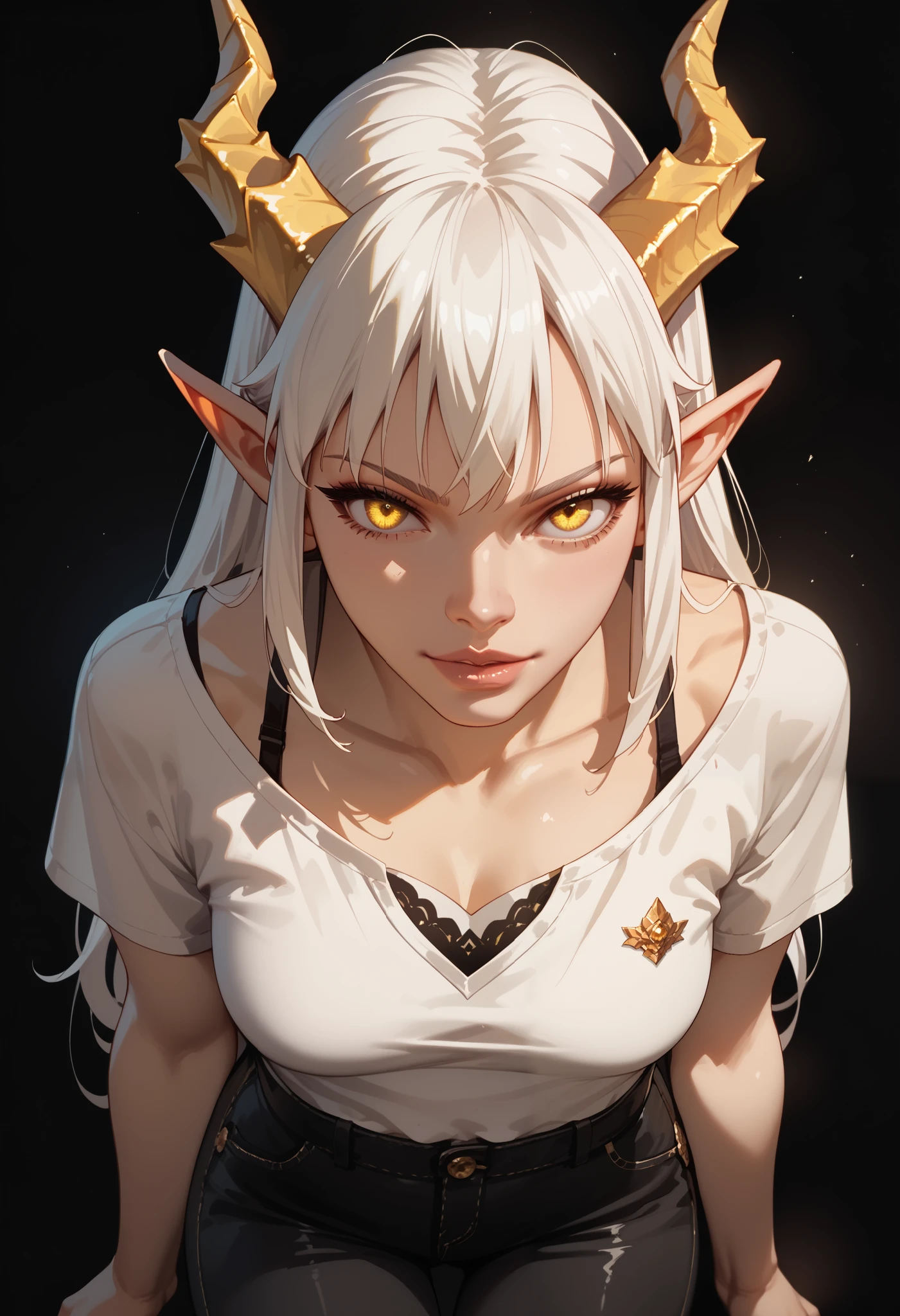1 , Alone,  long hair pants,  white hair , Split fringe , short bangs, detailed,  yellow eyes , Dragon girl,  golden dragon horns ,  Cauda de Dragão, golden  Cauda de Dragão, pointy ears,  gold scales on the cheek, wearing a white shirt, camisa oversized, ombro no, bare legs,  arms on the sides , Tiro de Cowboy,  black background,  Simple background ,  masterpiece ,  penetration, score_9, score_8_above, score_7_above, score_6_above