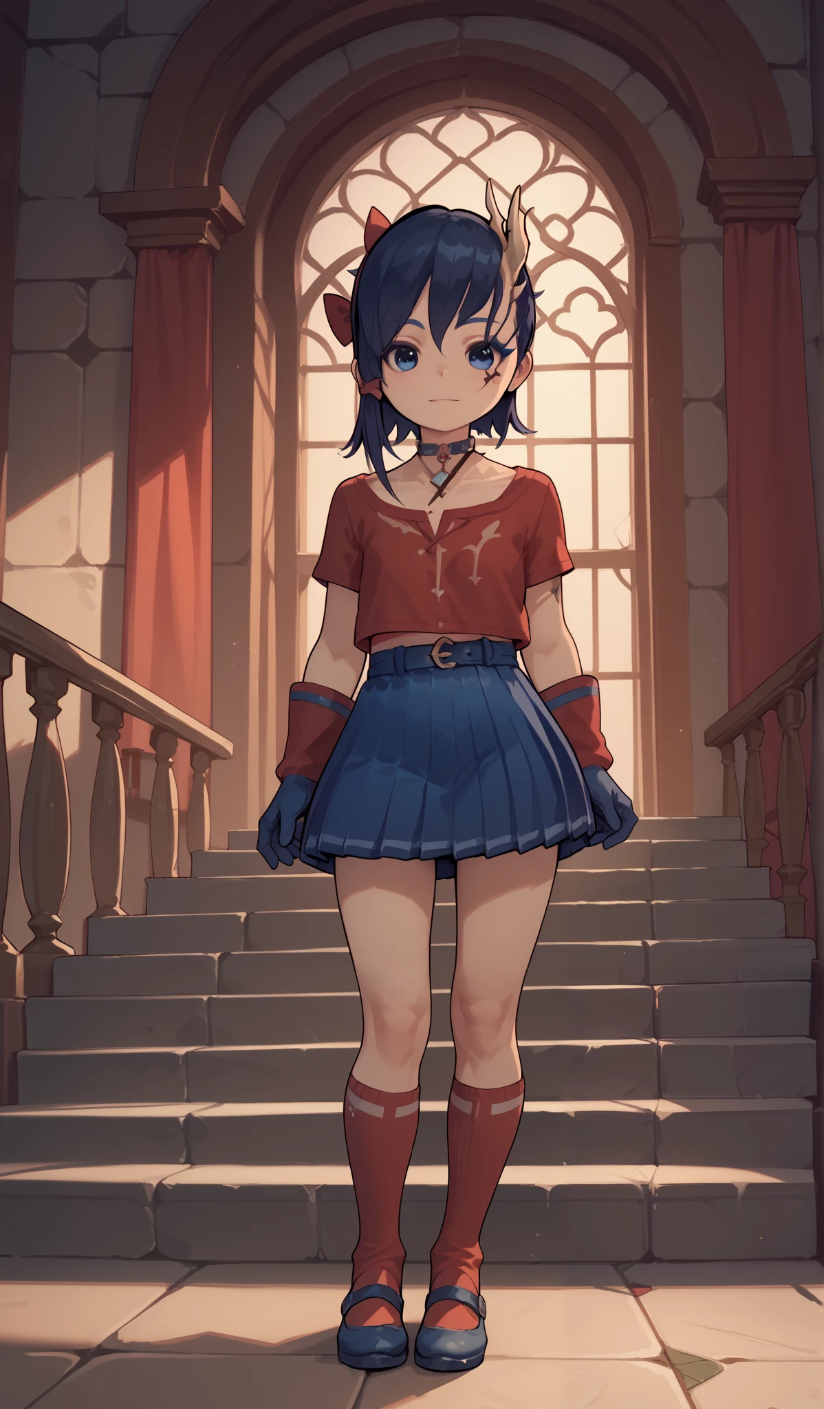 score_9, score_8_up , score_7_up , score_6_up , very perfect, 1, score_9, score_8_up , score_7_up (8k,),(TinyMita), (dark blue hair) eyes), gloves red shirt, blue pleated skirt, red socks, blue eyes, masterpiece, masterpiece, 8k, high resolution,