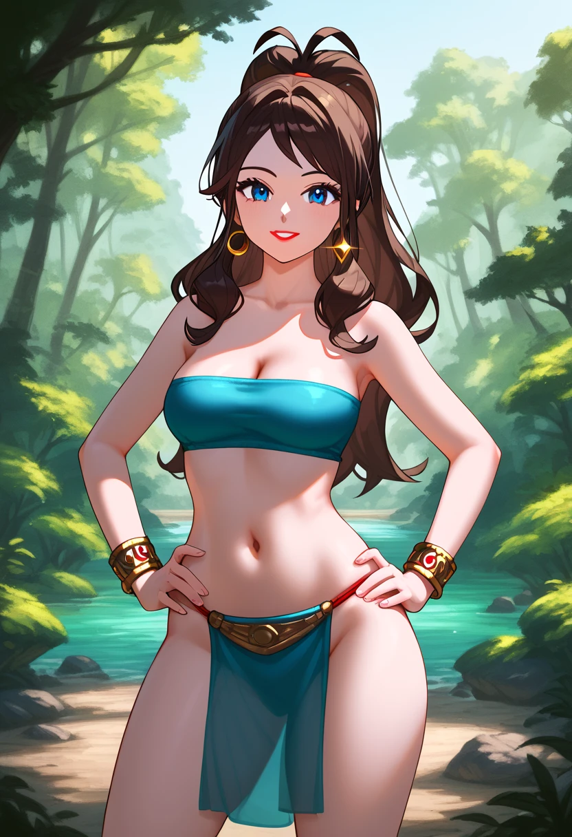 (masterpiece, best quality:1.3), 1girl, solo, pokemonhilda, blue eyes, brown hair, long hair, ponytail, braids,  blue eyes, light skin, lipstick, (Wearing: tube top, loincloth, emerald bracelet's and golden earrings:1.2), collarbone, bare shoulders, medium breasts, cleavage, midriff, wide hips, (Background: Outdoors, view of the rainforest, Inca temples in the surroundings), detailed background, detailed face, detailed eyes, hands on hips, looking at viewer, she's looking at the camera with a flirtatious smile, facial ttattoos