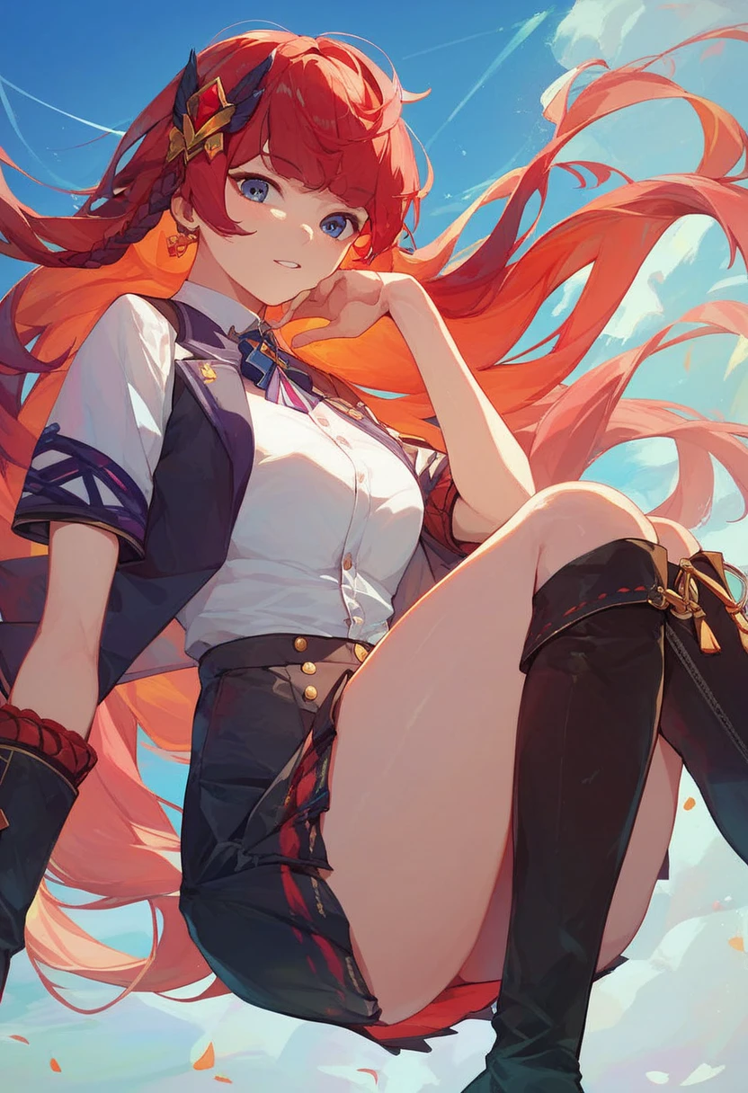 **Seraphina's High School Outfit Description in Anime Style:**
**Top:**
Seraphina's top is a pristine white, bottom crop top that clings just right, accentuating her slender frame. The hem of the crop top stops just below her ribcage, revealing a hint of her toned midriff. The short sleeves are snug, highlighting the strength in her arms from her martial arts training. A classic school emblem, perhaps a phoenix in homage to the story's title, is embroidered on the left side of her chest.
Attached to the collar of her crop top is a tie, contrasting in a deep shade of navy blue or crimson, hanging slightly loose. The tie serves as a juxtaposition between her rebellious spirit and the constraints of school regulations.
Showing underboobs
**Bottom:**
Her micro skirt, matching the color of her tie, sits high on her waist. The fabric flares out slightly, providing her with the necessary mobility for any unexpected action or movement. The skirt's length is daringly short, making a bold statement, yet it's balanced by her athletic legs which tell tales of her rigorous training and discipline.
Her micro skirt is short enough to make her lewd panties visible
**Accessories:**
- **Socks and Shoes:** Seraphina wears knee-high socks in white, with a couple of horizontal stripes at the top that match her tie. Her shoes are classic black loafers, practical yet stylish, allowing for swift movement if needed.
- **Jewelry:** A simple silver chain necklace with a small pendant resembling a phoenix can dangle around her neck. It's subtle but serves as a constant reminder of her quest and the challenges she's set to face.
With this outfit, Seraphina not only stands out in her school but also subtly broadcasts her fierce spirit and determination to the world. It's a blend of teenage rebellion, schoolgirl charm, and a warrior's confidence.
She have red hair, snow white skin and big boobs