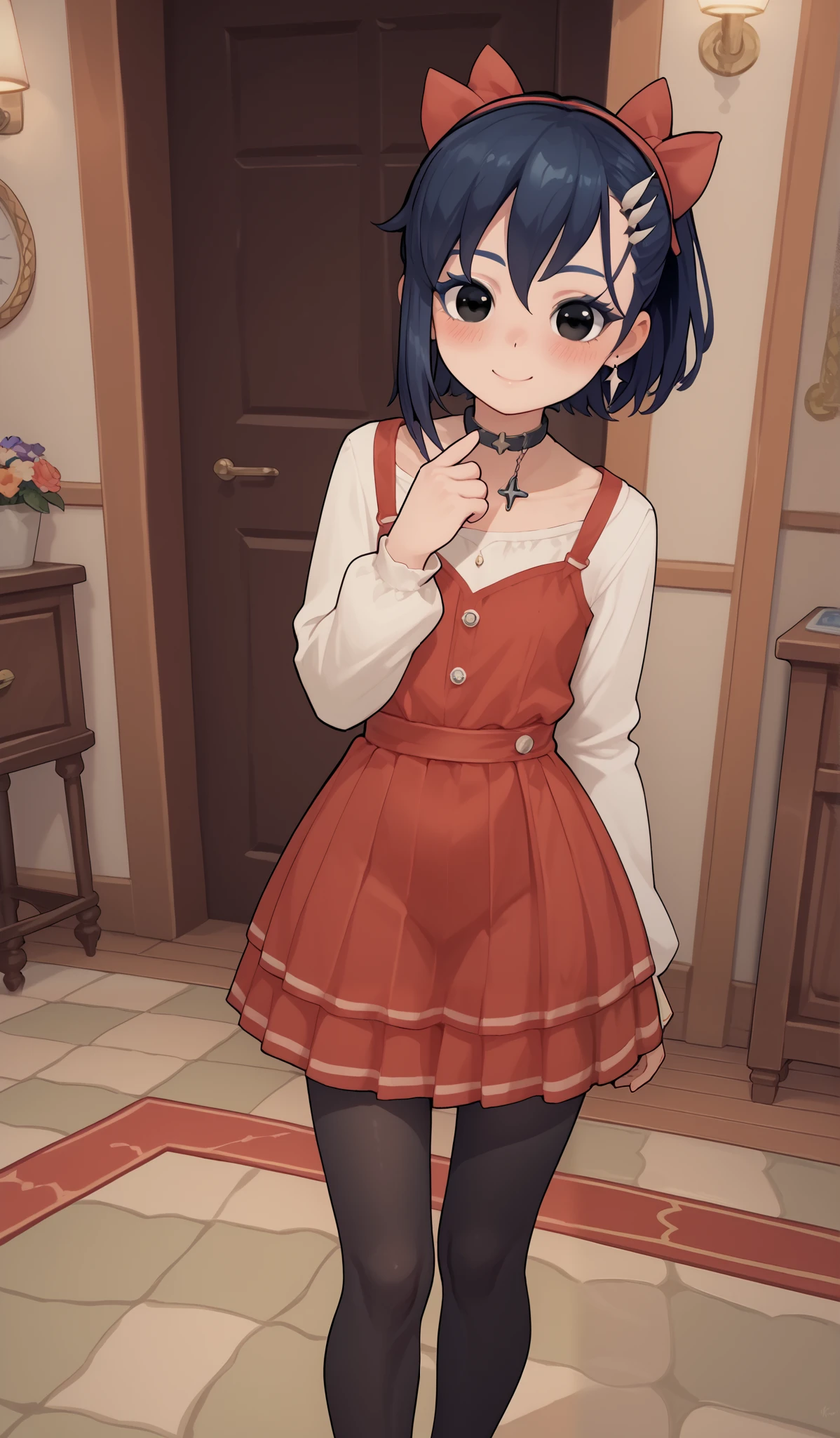 (TinyMita), (dark blue hair),(presilha  lado direito do cabelo,small, short, (li), cute smile, blush, (black eyes), undercut hairstyle, masterpiece, pantyhose, TinyMita, 1girl, rosto fofo(black eyes), hair bow, red dress skirt, masterpiece,8k, high resolution, 