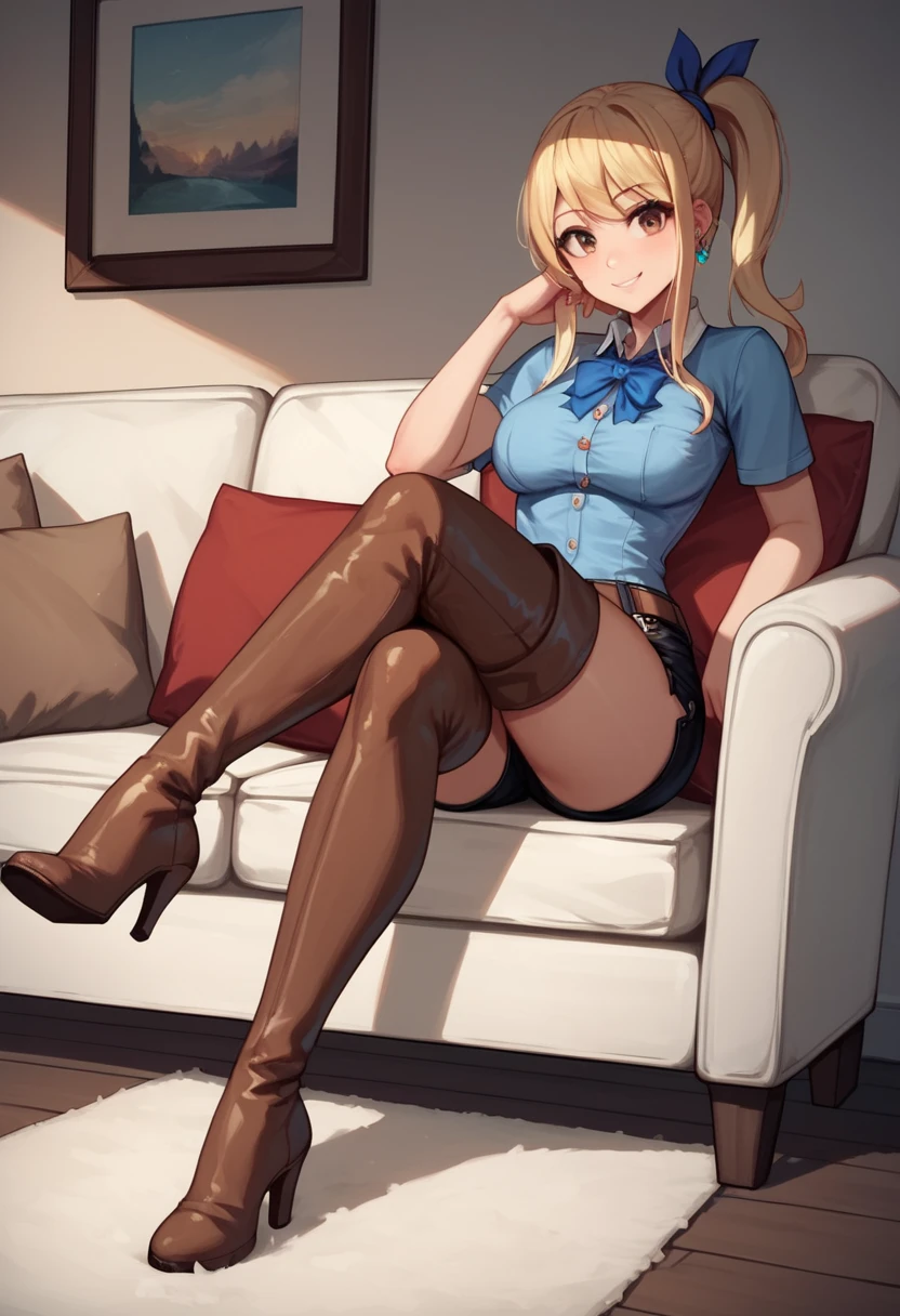 score_9, score_8_up, score_7_up, score_6_up, score_5_up, score_4_up, source_anime, 1girl,lucy heartfilia, blonde hair, long hair, ponytail, blue ribbon, smile, brown eyes, middle breasts, earrings, thigh boots, brown boots, cool boots, long heels, high heels, blue shirt, black shorts, crossed legs, sit, sofa, room, best quality, best res, 4K UHD,
 Looking at viewer, 