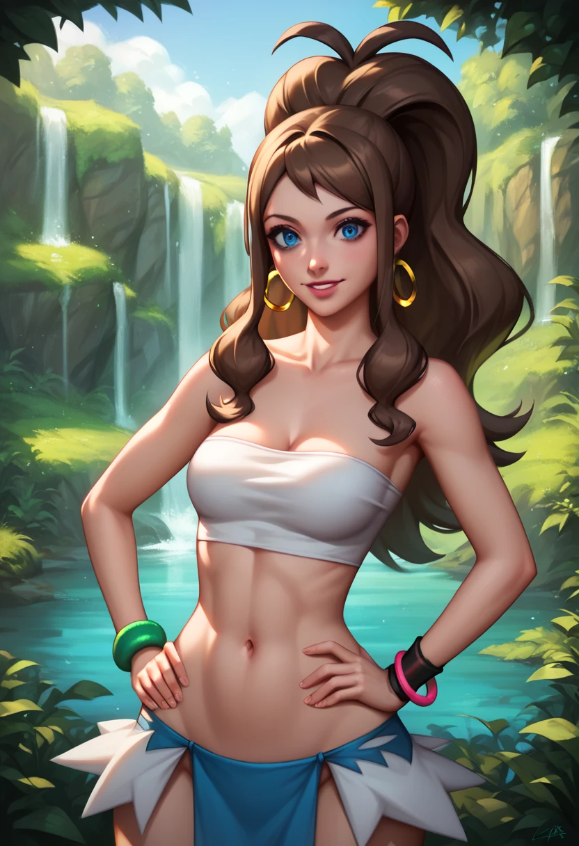 (masterpiece, best quality:1.3), 1girl, solo, pokemonhilda, blue eyes, brown hair, long hair, ponytail, b, light skin, lipstick, (Wearing: tube top, loincloth, emerald bracelet's and golden earrings:1.2), collarbone, bare shoulders, medium breasts, cleavage, midriff, wide hips, (Background: Outdoors, view of the rainforest, Inca temples in the surroundings), detailed background, detailed face, detailed eyes, hands on hips, looking at viewer, she's looking at the camera with a flirtatious smile, facial ttattoos