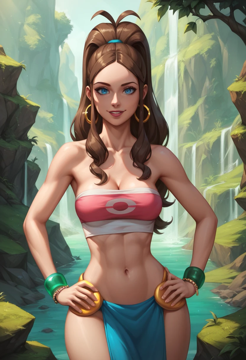 (masterpiece, best quality:1.3), 1girl, solo, pokemonhilda, blue eyes, brown hair, long hair, ponytail, b, light skin, lipstick, (Wearing: tube top, loincloth, emerald bracelet's and golden earrings:1.2), collarbone, bare shoulders, medium breasts, cleavage, midriff, wide hips, (Background: Outdoors, view of the rainforest, Inca temples in the surroundings), detailed background, detailed face, detailed eyes, hands on hips, looking at viewer, she's looking at the camera with a flirtatious smile, facial ttattoos