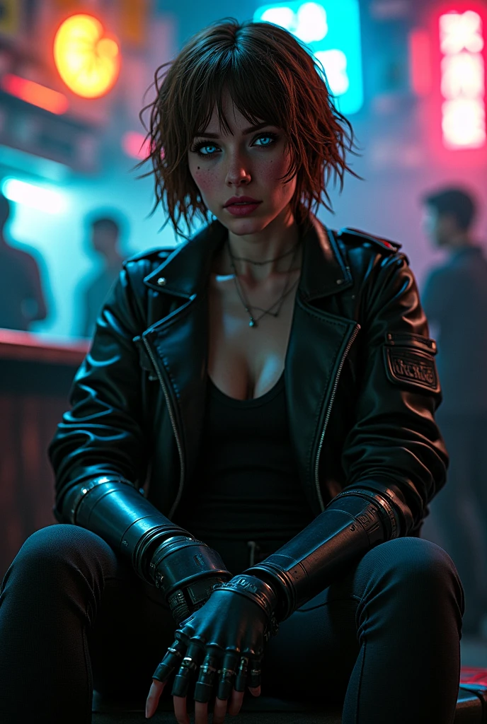 realistic, a dark cyberpunk makerspace with many electronic parts laying around, purple and green and yellow lighting, a large dark red leather armchair standing in the middle of the room, on the chair sits a girl facing the viewer, legs crossed, dark blue worn down jeans trousers, dirty old black leather SAS boots, torn olive tank top, some oily dirt around the belly, open very worn black leather jacket, dark brown hair with red stripes and a slight pink undercut