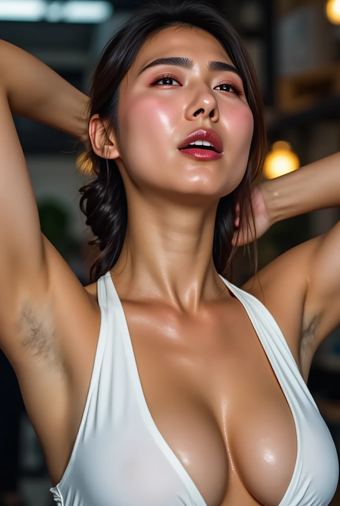 (Highest quality:1.2),(Perfect Beautiful Face 1.2),(Perfect and beautiful posture:1.2),(Attractive female wrestlers:1.2),Big and ample breasts,Black hair ponytail,sports bra too small,(Face close-up:1.2),(Abnormal sweating:1.2),best quality real texture skin,Clear Eyes,Looking into the camera,Kiss the camera,((Cleavage,I sweat a lot in my armpits,Raise your arms behind your head))Underarm skin with noticeable shaving pores,Beautiful Japan actress((wet filter))