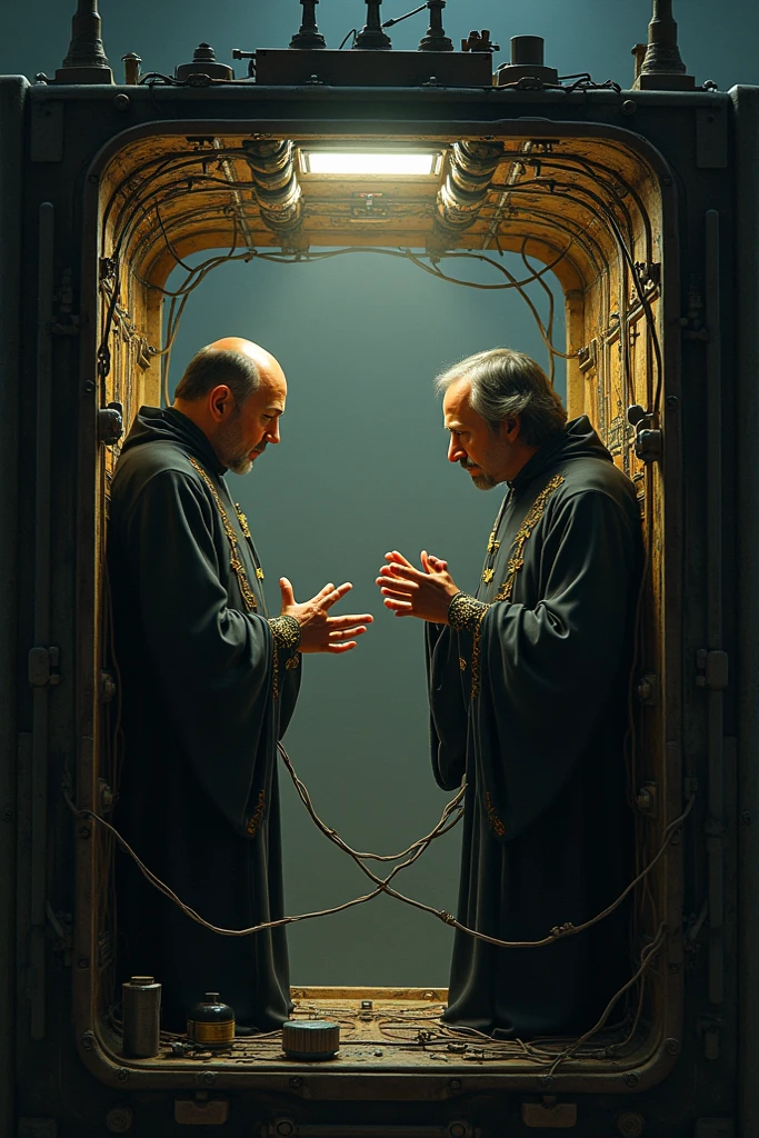 antique image of a big rack full of controls, gadgets, lights and wires and three medieval monks wearing hood playing a synthesizer, with only one castle in the background, hieronymus bosch style, three medieval monks wearing hood, huge console full of controls and wires, three medieval monks, masterpiece