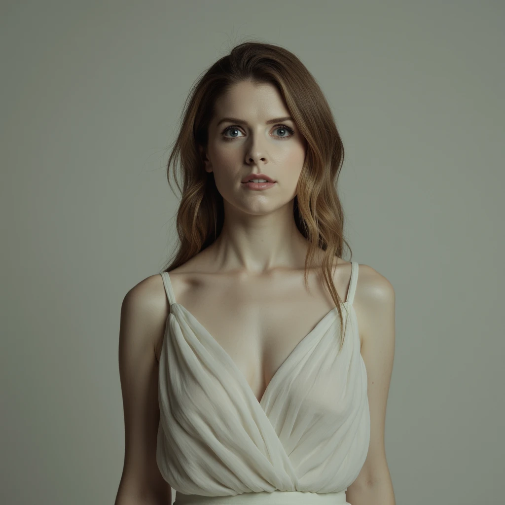 Anna Kendrick in a dress, in a hypnotic state, empty stare, emotionless, face with no emotion, standing frontally 