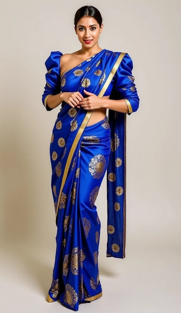 a tall and striking woman exudes confidence and charm with a flirtatious expression.camera-facing with her hands together in front of her.she is adorned in a stunning indian style slimfit outfit featuring a royal blue gold two tone soft paisley print metallic brocade and jacquard banarsi fabrica high neck saree. The saree showcases exaggerated puffy shoulders, adding a dramatic flair to her look, and the 3/4 sleeves offer an elegant touch. Her ensemble is completed with high heels, which accentuate her poised stance. The overall effect is both sophisticated and alluring, perfectly capturing her graceful and bold presence.