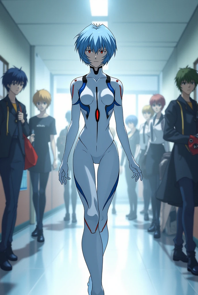 1girl, solo, Rei Ayanami, short pale blue hair, bangs centered to the middle, red eyes, pale skin, emotionless face, medium size breasts, slender figure, white plugsuit, walking along a corridor in school, bright lighting, detailed background, students watching her, anime style, shot from front, full body shot